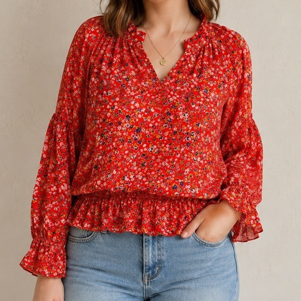 Pleione Floral Blouse Womens XL Red Excellent Smocked Waist Bell Sleeve Top